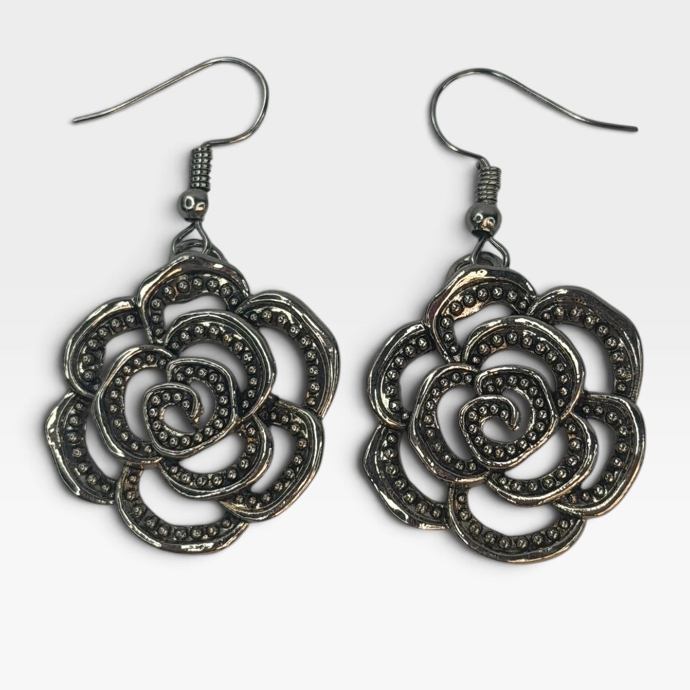 Silver Tone Openwork Rose Flower Drop Dangle Earrings Antiqued Textured Floral